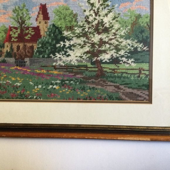 Beautiful embroidery needlework yarn art picture house tree blossom wood framed - Picture 4 of 7